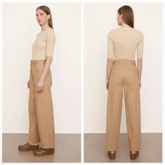 Vince Seam Front Trouser High Rise Wide Leg Cotton Pant Neutral Camel 14 Large - Picture 2 of 15